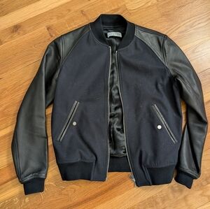 Sandro Black Leather Sleeve Bomber Jacket